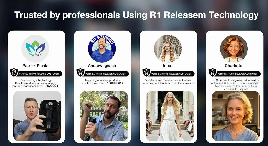 Four more verified HYAKO R1 and Pro Release users: Patrick Plank of Best Massage Technology, product reviewer Andrew Ignash, performing artist Irina, and Charlotte, an orthopaedics practitioner specialising in sports medicine and knee and shoulder injuries