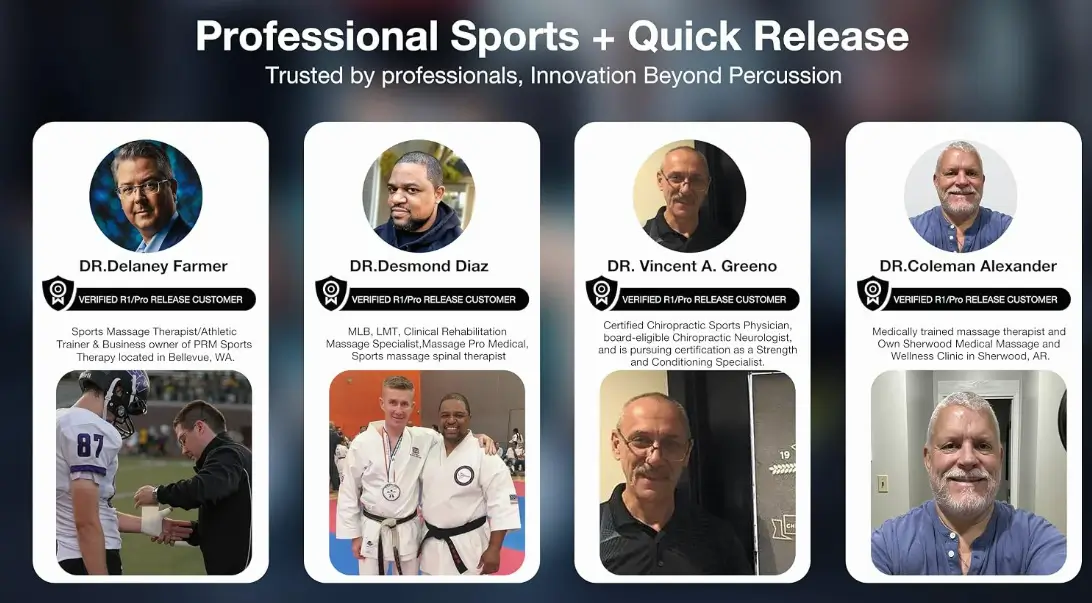 Four verified HYAKO R1 and Pro Release users: Dr. Delaney Farmer, sports massage therapist and athletic trainer at PRM Sports Therapy in Bellevue WA; Dr. Desmond Diaz, clinical rehabilitation massage specialist; Dr. Vincent A. Greeno, certified chiropractic sports physician; and Dr. Coleman Alexander of Sherwood Medical Massage and Wellness Clinic in Sherwood AR