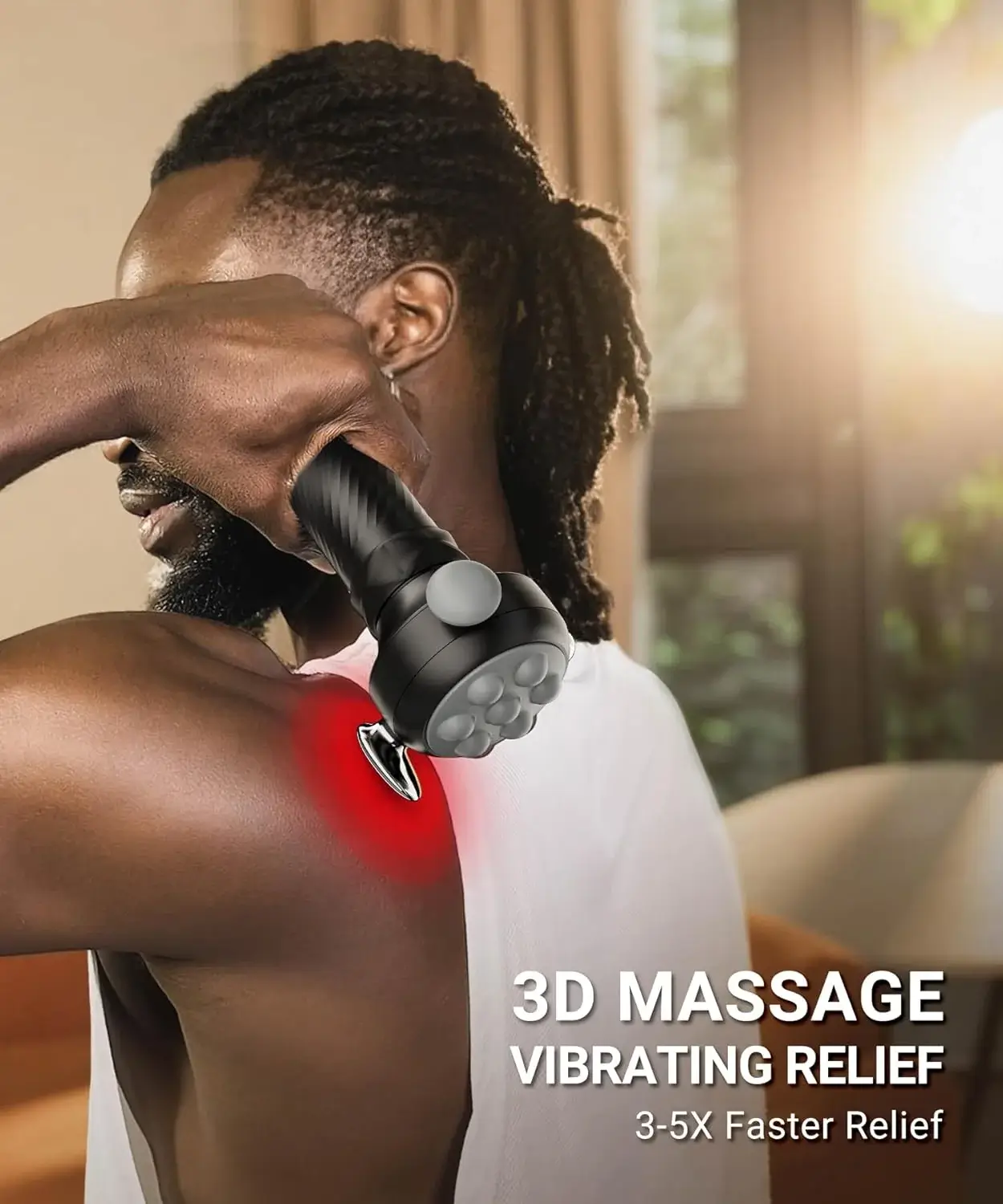 A man using the HYAKO R1 vibration massager on his own shoulder and upper trapezius at home